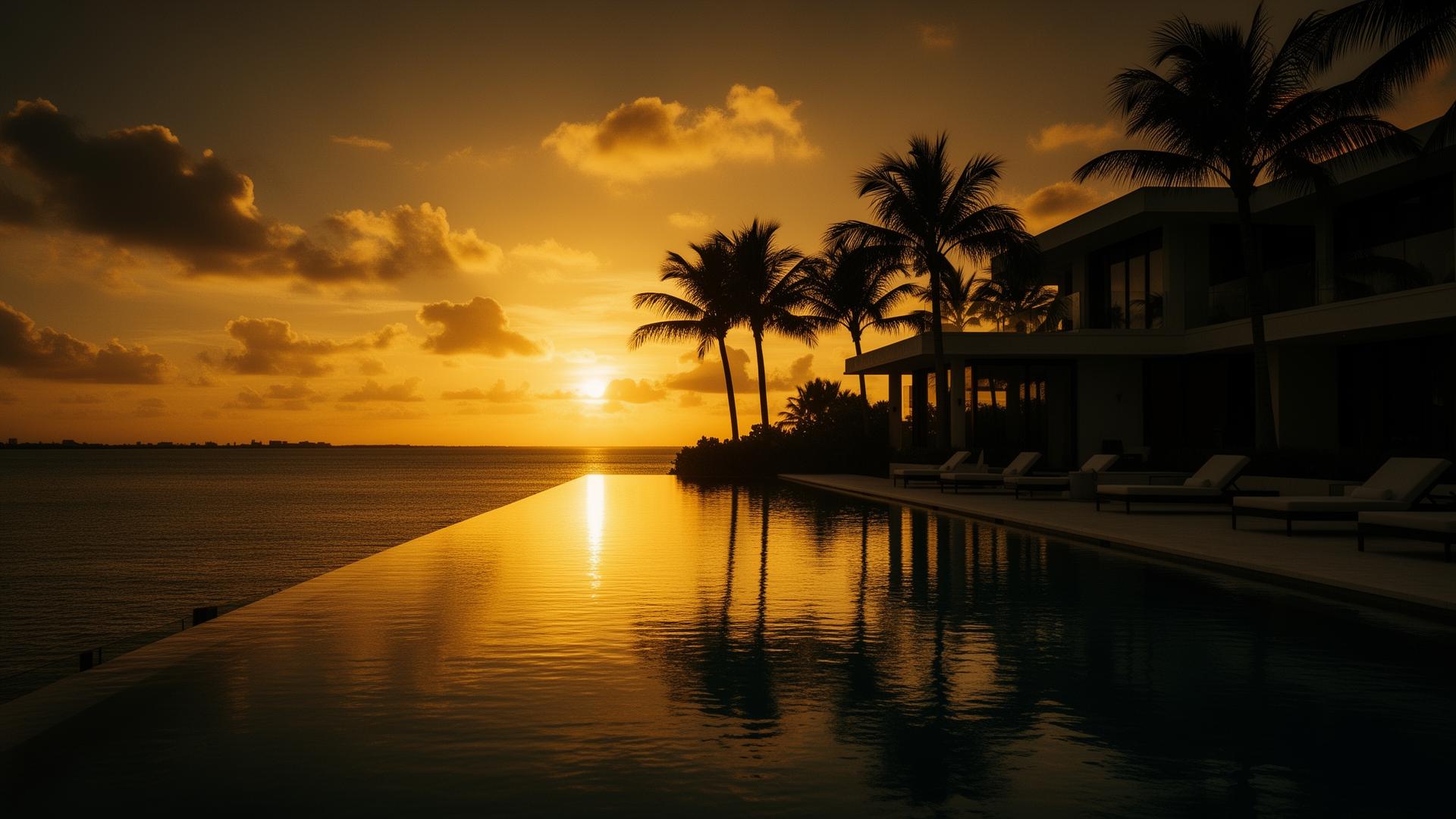 Luxury Miami infinity pool at sunset